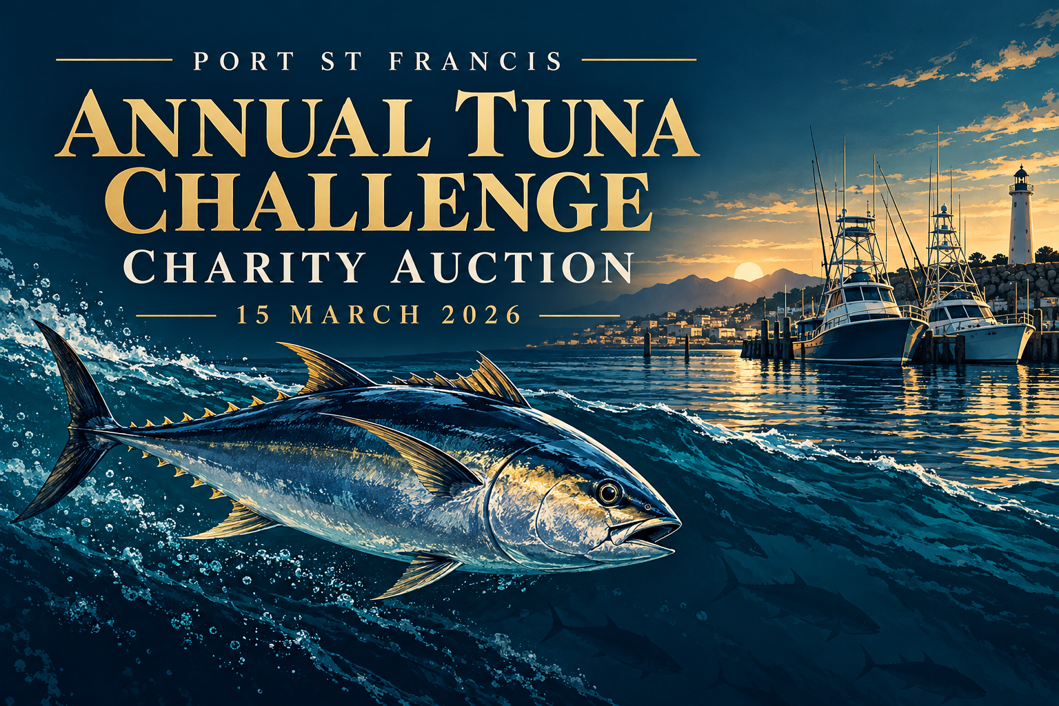 Illustrated Annual Tuna Challenge Charity Auction banner, Port St Francis, 15 March 2026